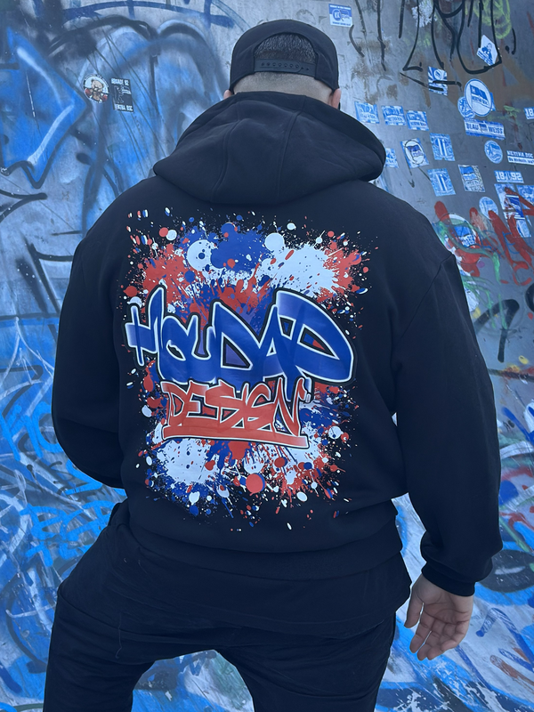 Schwarzer Zip Hoodie Oversize, Rückenansicht, großzügiger Schnitt, lässige Silhouette